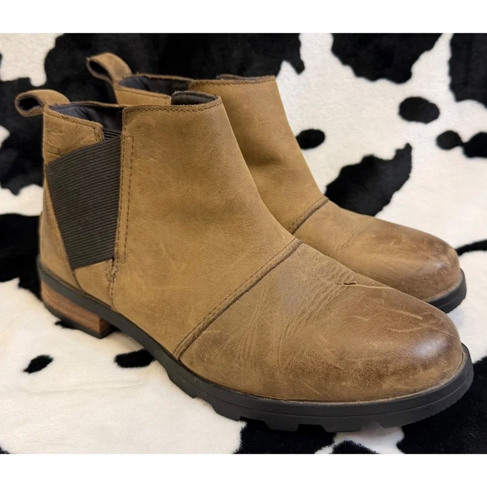 Sorel Emelie Chelsea Waterproof Leather Ankle Boots Brown Women's 6.5